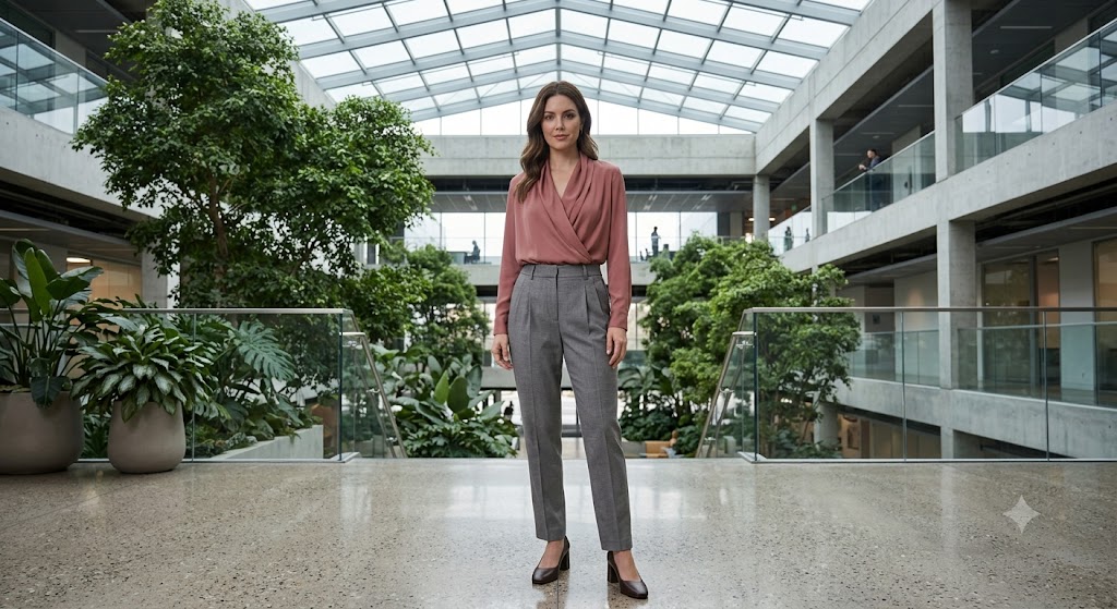 Drape Collar Wrap Top and Pleated Trousers